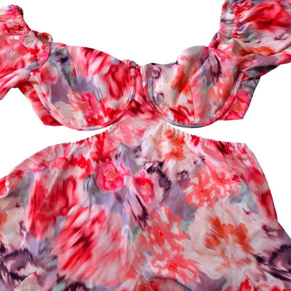 Showpo Janiena Puff Sleeve Fit and Flare Mini Dress Meadow Blur Floral - Picture 11 of 12